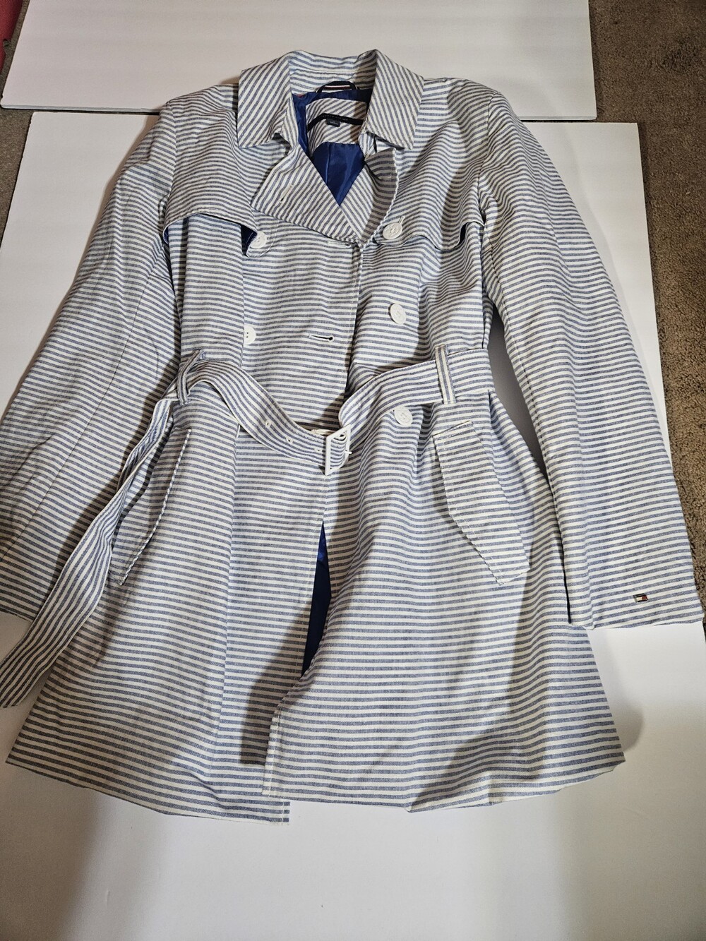 Tommy Hilfiger Blue And White Double Breasted Trench Coat M